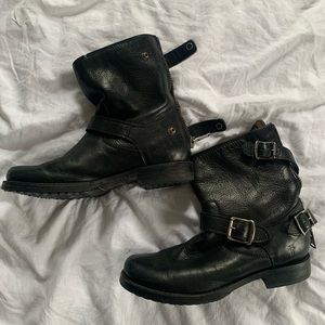 Frye Black Leather Ankle Boots w/ Buckle Accents